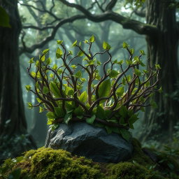 A highly detailed and realistic fantasy crown composed of an elaborate array of intertwining branches and vibrant green leaves, set in a mystical fantasy forest