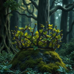 A highly detailed and realistic fantasy crown composed of an elaborate array of intertwining branches and vibrant green leaves, set in a mystical fantasy forest
