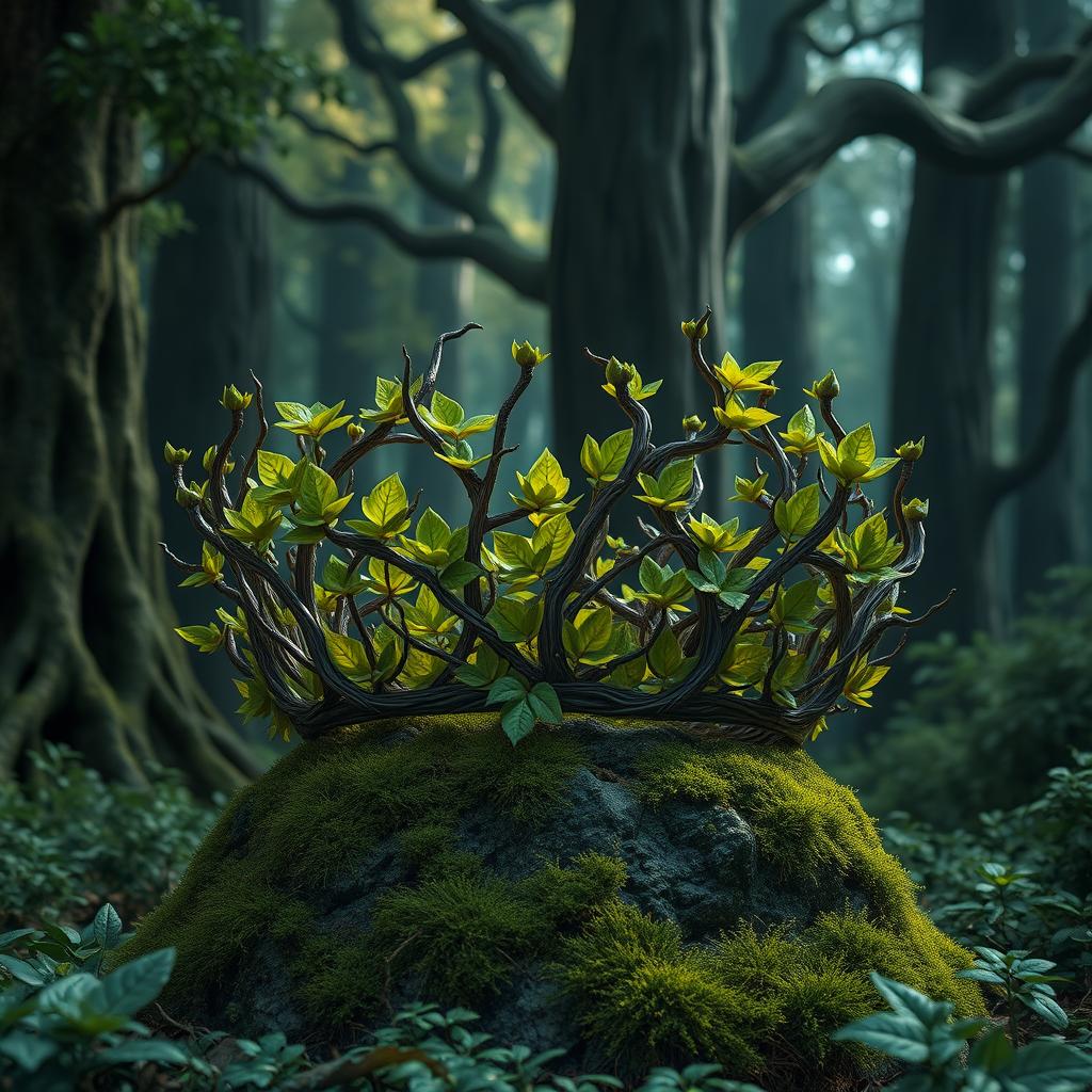 A highly detailed and realistic fantasy crown composed of an elaborate array of intertwining branches and vibrant green leaves, set in a mystical fantasy forest