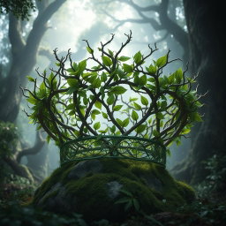 A highly detailed and realistic fantasy crown composed of an elaborate array of intertwining branches and vibrant green leaves, set in a mystical fantasy forest