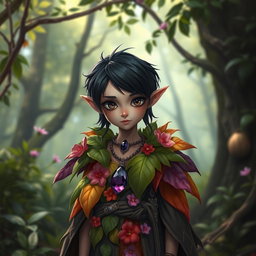 A slim halfling character for a fantasy RPG, featuring brown eyes, black hair, and adorned with an amethyst necklace