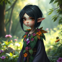 A slim halfling character for a fantasy RPG, featuring brown eyes, black hair, and adorned with an amethyst necklace