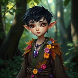 A slim halfling character for a fantasy RPG, featuring brown eyes, black hair, and adorned with an amethyst necklace