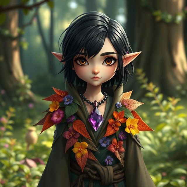 A slim halfling character for a fantasy RPG, featuring brown eyes, black hair, and adorned with an amethyst necklace