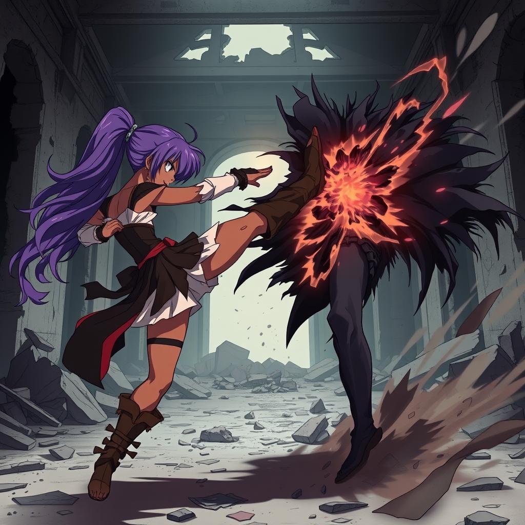 Epic Showdown: Purple-Haired Warrior Kicks Vampire