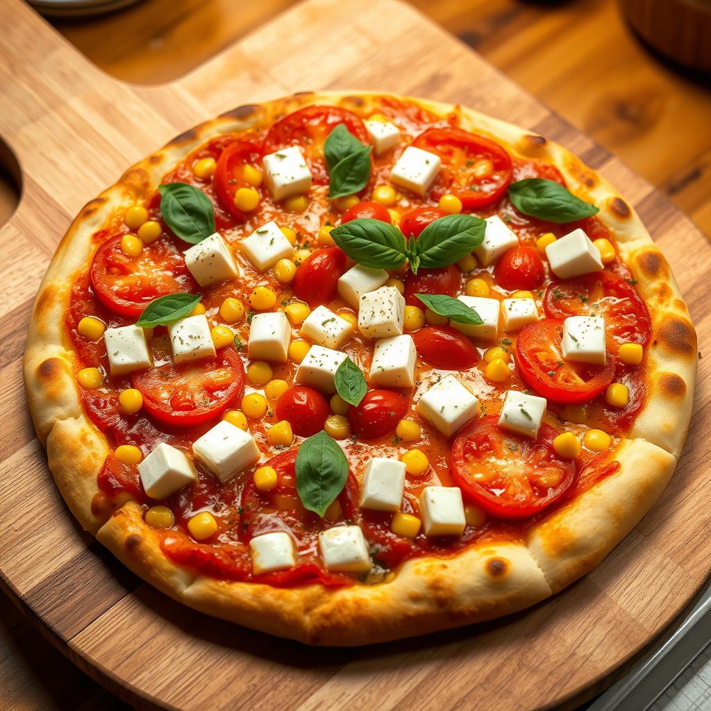 An enticing pizza showcasing a beautifully baked crust topped with sweet corn kernels and juicy, ripe tomatoes, providing a colorful and flavorful contrast