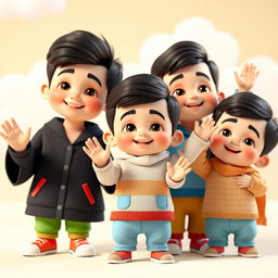 A 3D animated scene featuring several Iranian baby boys standing together and joyfully waving
