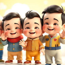 A 3D animated scene featuring several Iranian baby boys standing together and joyfully waving