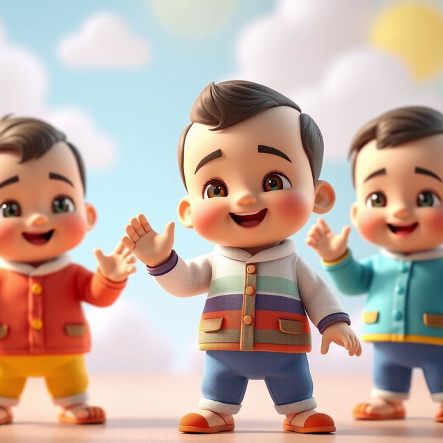 A 3D animated scene featuring several Iranian baby boys standing together and joyfully waving