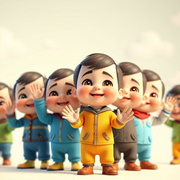 A 3D animated scene featuring several Iranian baby boys standing together and joyfully waving