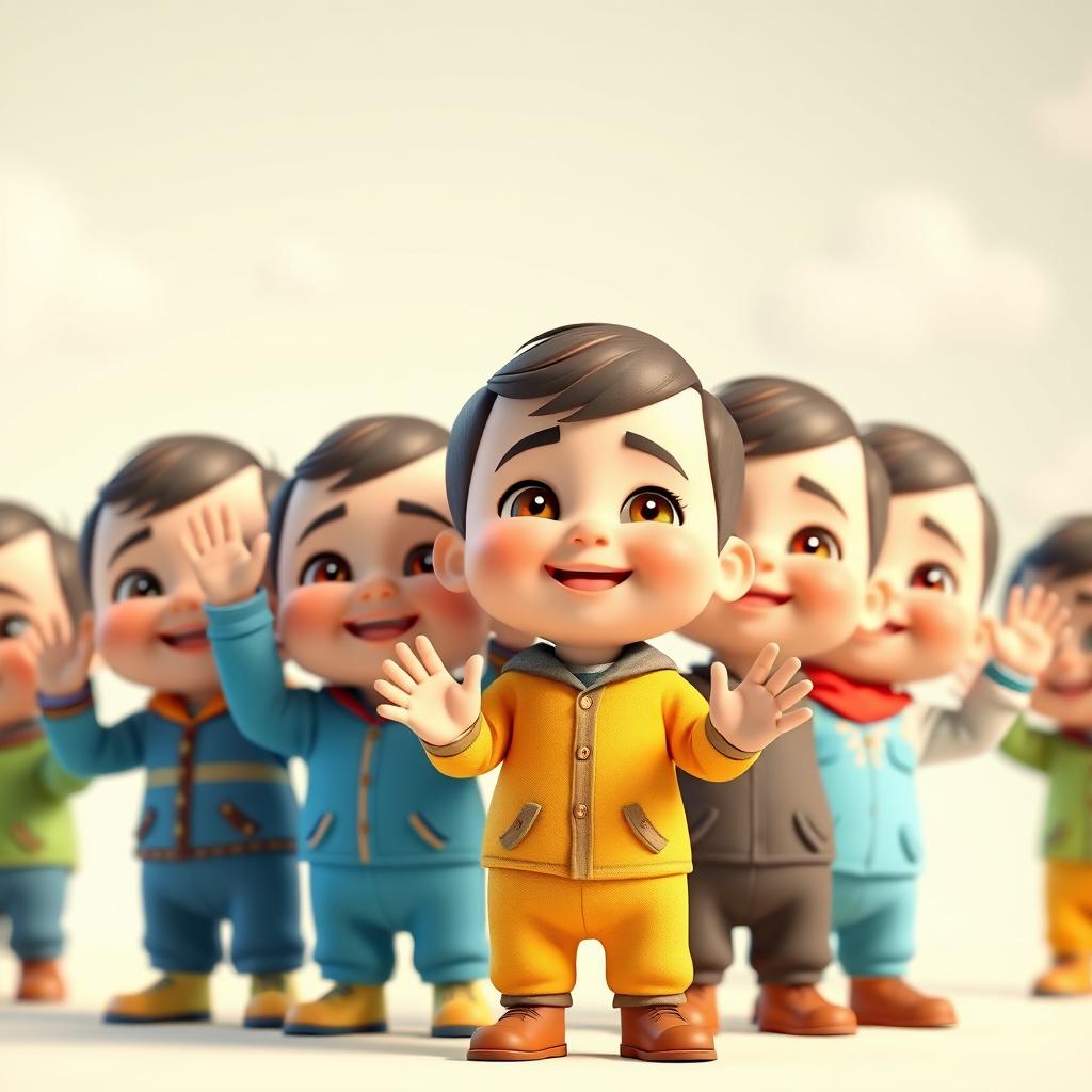 A 3D animated scene featuring several Iranian baby boys standing together and joyfully waving