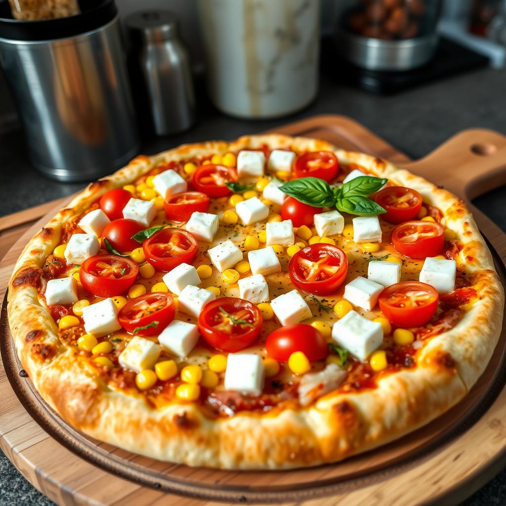 An appetizing pizza showcasing a crispy golden crust, generously topped with bright sweet corn kernels and plump, juicy tomatoes, which add vibrant color and freshness