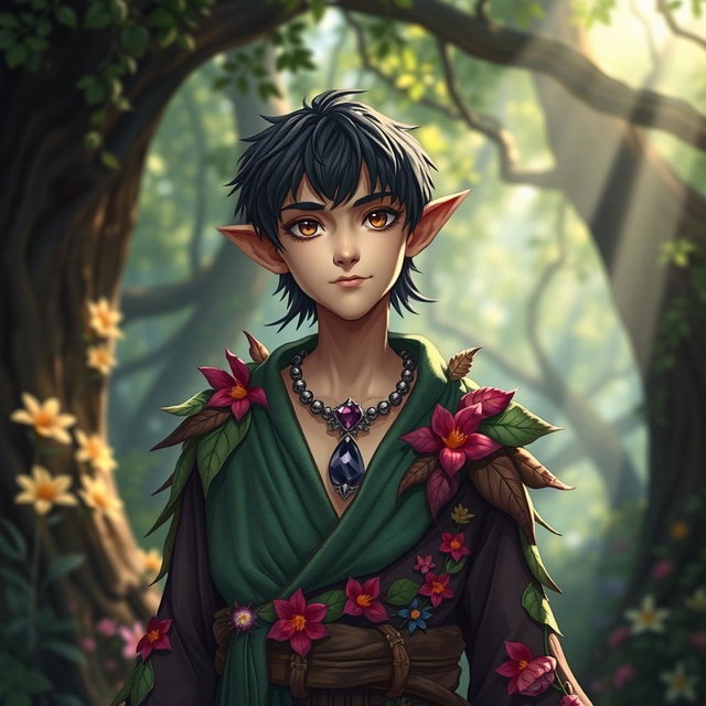 A slim male halfling character for a fantasy RPG, featuring brown eyes and black hair