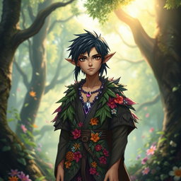 A slim male halfling character for a fantasy RPG, featuring brown eyes and black hair