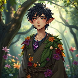 A slim male halfling character for a fantasy RPG, featuring brown eyes and black hair
