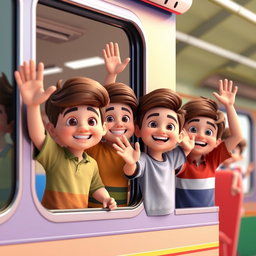 A 3D animated scene featuring several Iranian boys standing together, joyfully waving from the window of a train