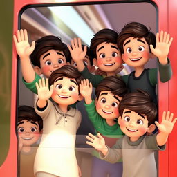 A 3D animated scene featuring several Iranian boys standing together, joyfully waving from the window of a train
