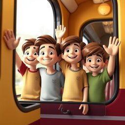 A 3D animated scene featuring several Iranian boys standing together, joyfully waving from the window of a train
