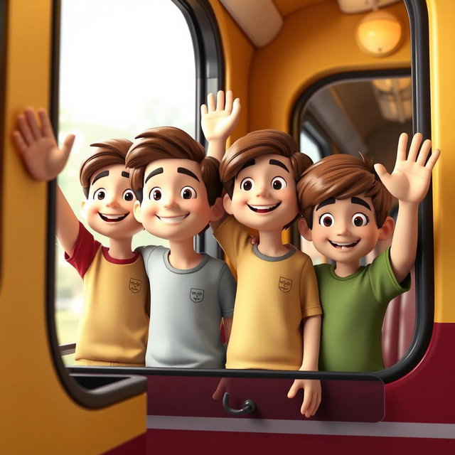A 3D animated scene featuring several Iranian boys standing together, joyfully waving from the window of a train