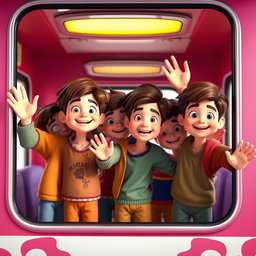 A 3D animated scene featuring several Iranian boys standing together, joyfully waving from the window of a train