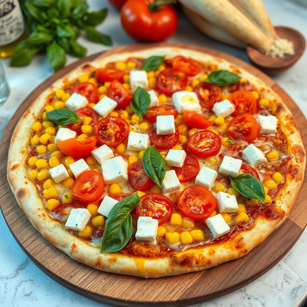 A mouthwatering pizza featuring a perfectly baked, thin crust topped abundantly with sweet corn kernels and juicy, vibrant tomatoes, creating a burst of color