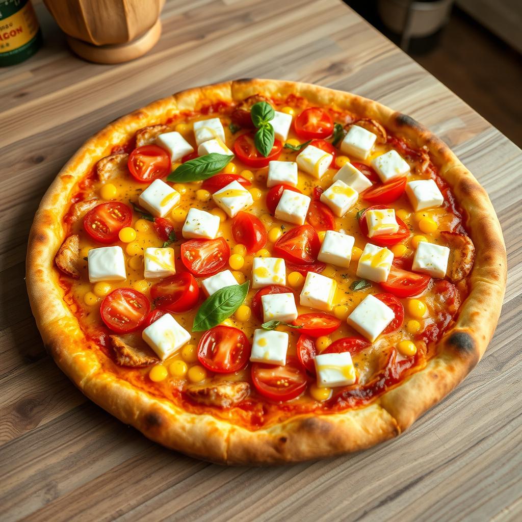 A delicious pizza featuring a crispy, golden-brown crust generously topped with sweet corn kernels and plump, juicy tomatoes, bringing vibrant colors to the dish