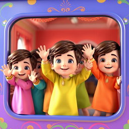 A 3D animated scene featuring several Iranian baby boys standing together, joyfully waving from the window of a colorful train