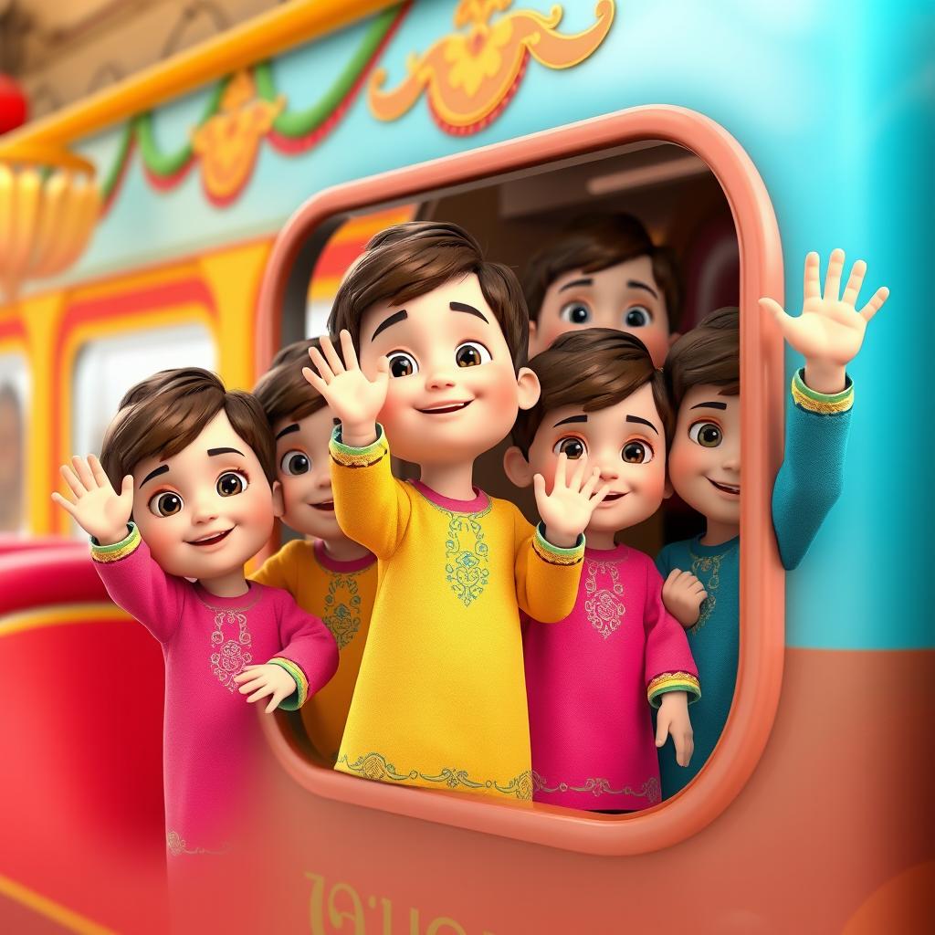 A 3D animated scene featuring several Iranian baby boys standing together, joyfully waving from the window of a colorful train