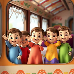 A 3D animated scene featuring several Iranian baby boys standing together, joyfully waving from the window of a colorful train