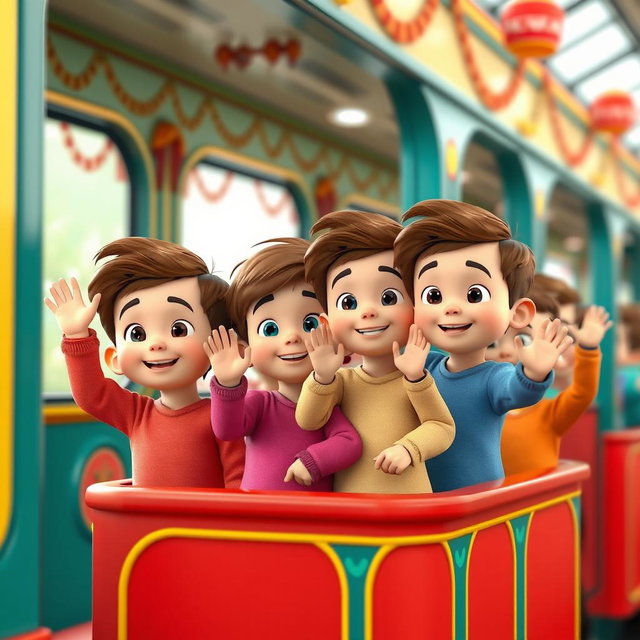 A 3D animated scene featuring several Iranian baby boys standing together, joyfully waving from the window of a colorful train
