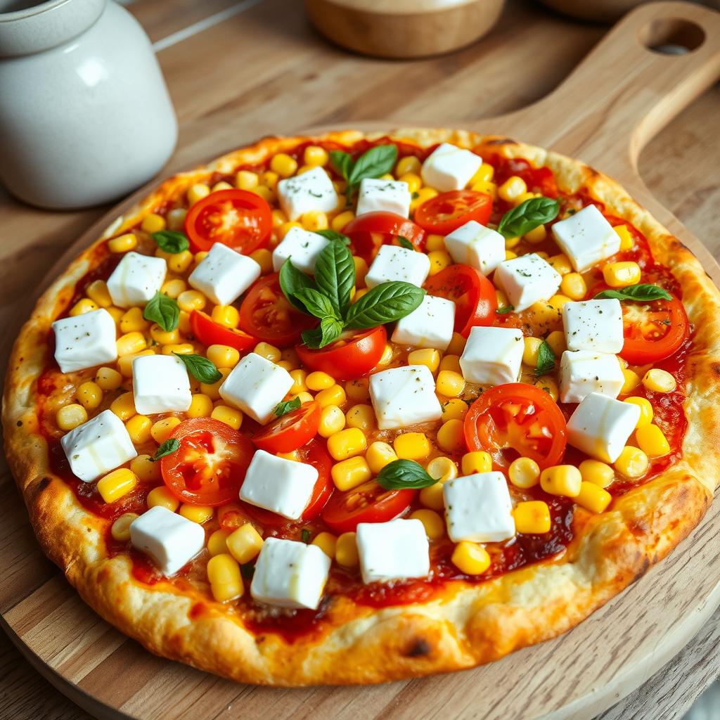 An appetizing pizza showcasing a crisp, golden-brown crust densely topped with sweet corn kernels and succulent juicy tomatoes, which provide a delightful burst of freshness