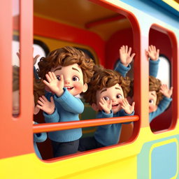 A 3D animated scene featuring several baby boys with curly brown hair, joyfully standing together and waving from the window of a colorful train