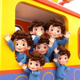 A 3D animated scene featuring several baby boys with curly brown hair, joyfully standing together and waving from the window of a colorful train