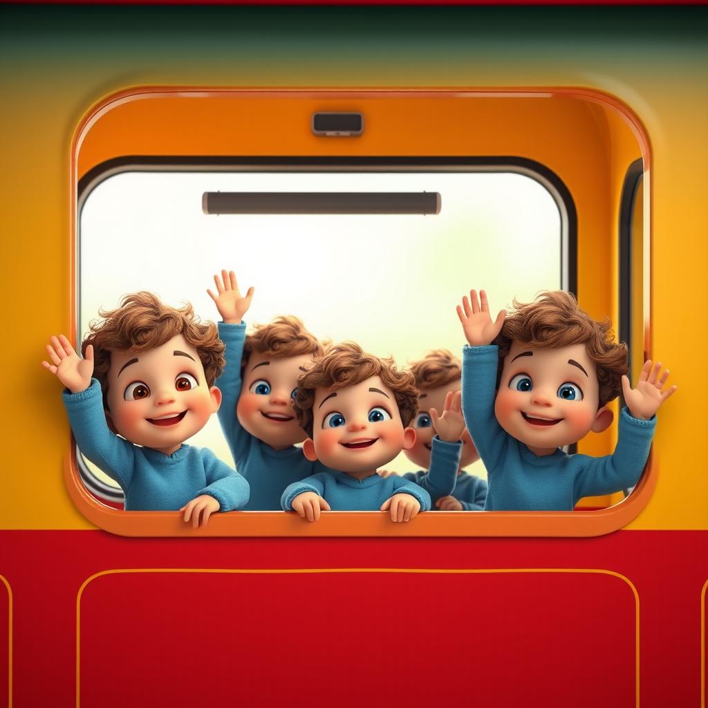 A 3D animated scene featuring several baby boys with curly brown hair, joyfully standing together and waving from the window of a colorful train