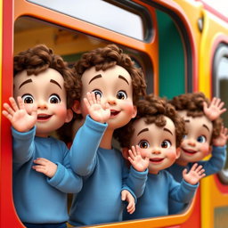 A 3D animated scene featuring several baby boys with curly brown hair, joyfully standing together and waving from the window of a colorful train