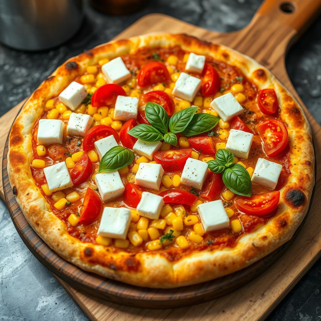 A mouthwatering pizza showcasing a perfectly baked crust that is golden and crispy, topped with sweet, tender corn and juicy red tomatoes, creating a vibrant and colorful display