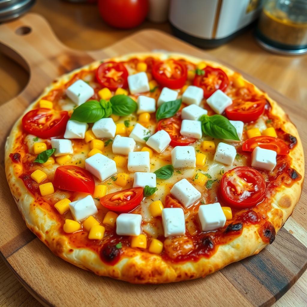 A delicious pizza showcasing a golden, crispy crust topped with sweet corn kernels and ripe, juicy tomatoes that add a vibrant splash of color