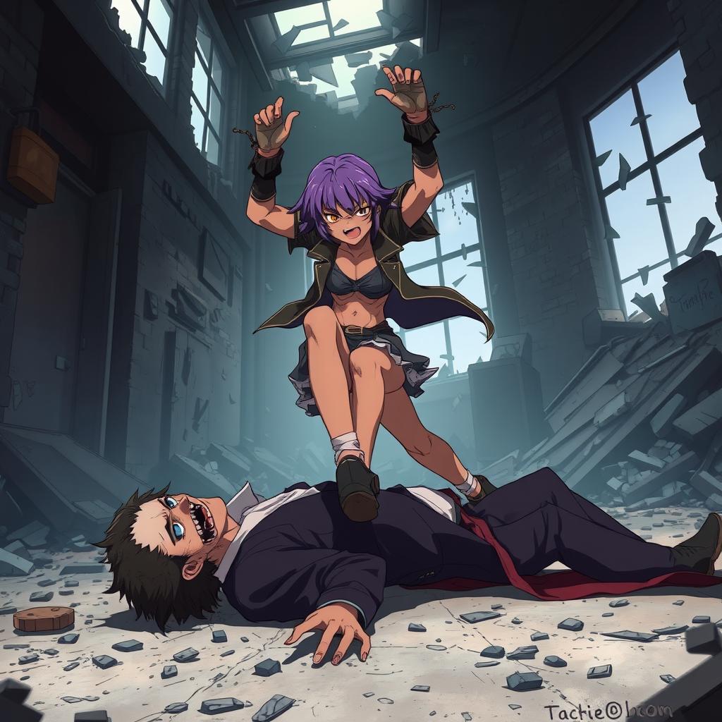 An anime scene depicting a fierce brown-skinned girl with vibrant purple hair, aggressively slamming her feet down onto a vampire lying on the ground in a destroyed building