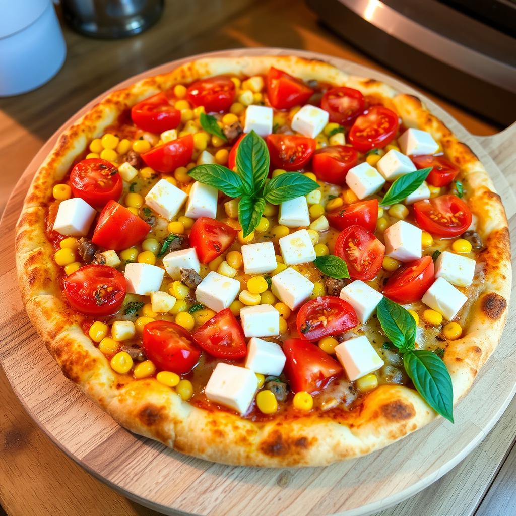 A delightful pizza featuring a golden, crispy crust piled high with sweet corn kernels and plump, juicy tomatoes that offer a splash of color