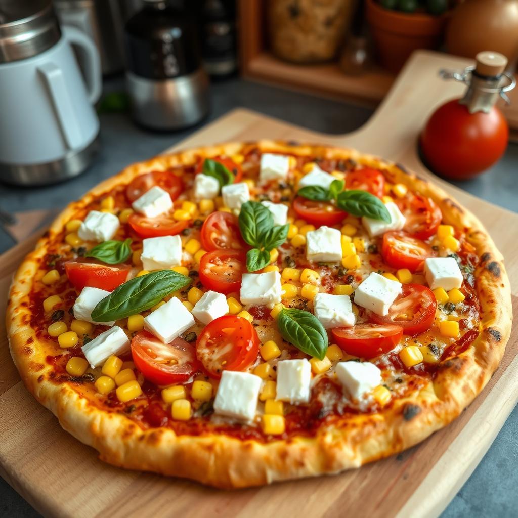 A delectable pizza featuring a golden, crispy crust, generously topped with sweet corn kernels and succulent, juicy tomatoes that create a vibrant combination of colors