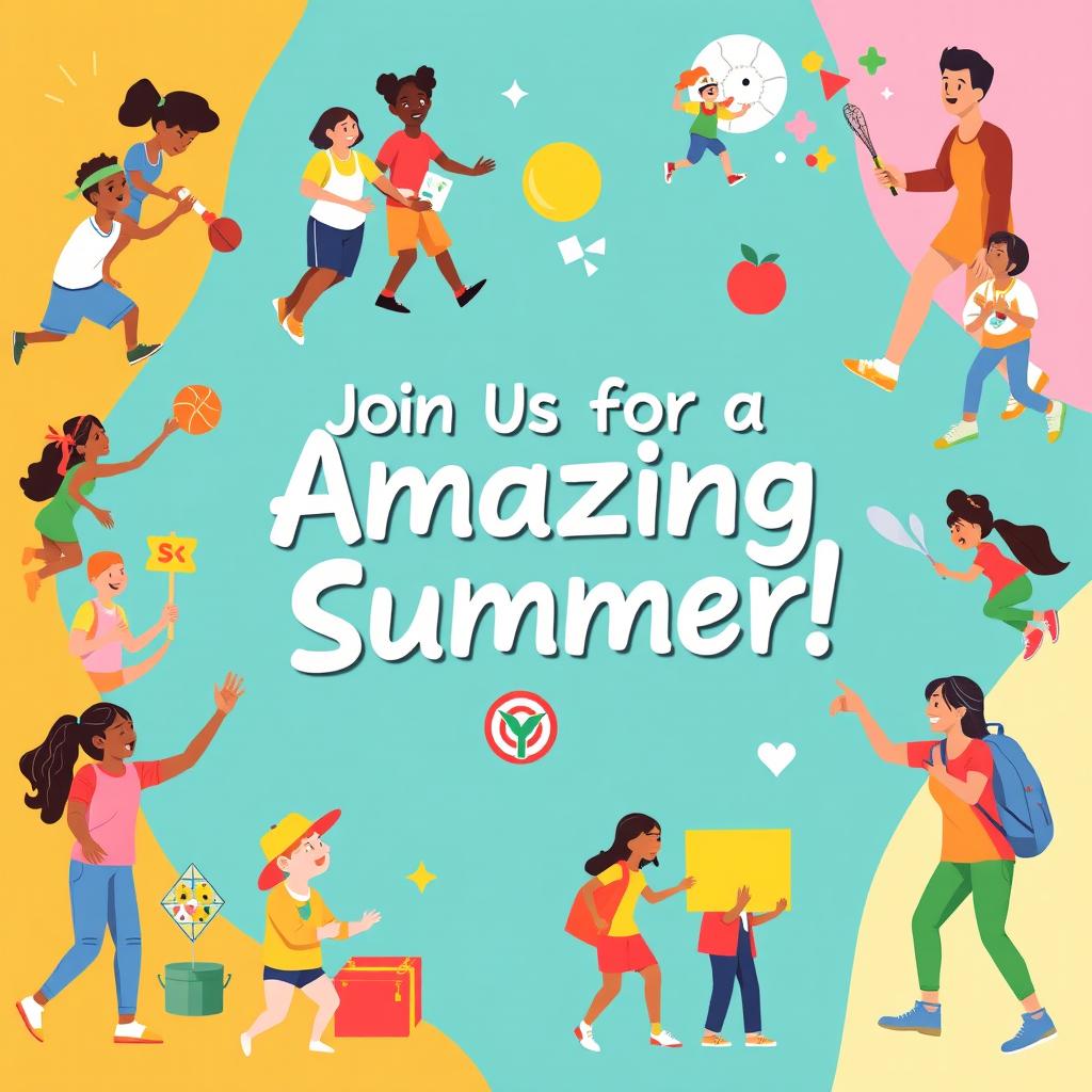 A vibrant and engaging poster for a youth program featuring diverse young individuals actively participating in various activities
