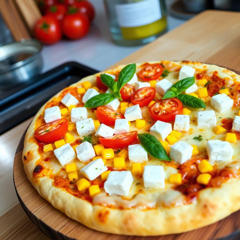 A mouthwatering pizza featuring a perfectly baked golden crust topped with bright yellow sweet corn and vibrant, juicy tomatoes that burst with flavor