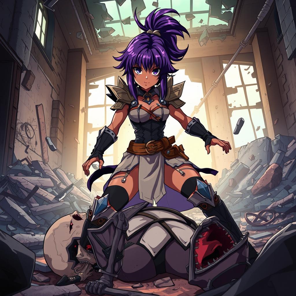 An anime scene featuring a fierce brown-skinned girl with striking purple hair, confidently slamming her feet down onto a vampire in a ruined building