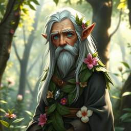 An elderly male halfling character for a fantasy RPG, slender build with bright blue eyes and long white hair