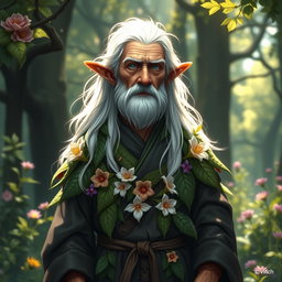 An elderly male halfling character for a fantasy RPG, slender build with bright blue eyes and long white hair