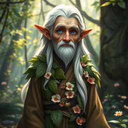 An elderly male halfling character for a fantasy RPG, slender build with bright blue eyes and long white hair