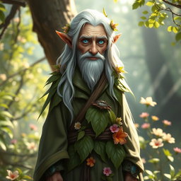 An elderly male halfling character for a fantasy RPG, slender build with bright blue eyes and long white hair