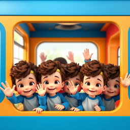 A 3D animated scene featuring several curly-haired baby boys, joyfully standing together and waving from the window of a colorful train