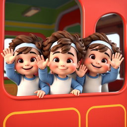 A 3D animated scene featuring several curly-haired baby boys, joyfully standing together and waving from the window of a colorful train