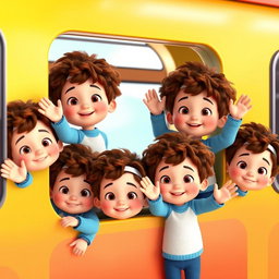 A 3D animated scene featuring several curly-haired baby boys, joyfully standing together and waving from the window of a colorful train